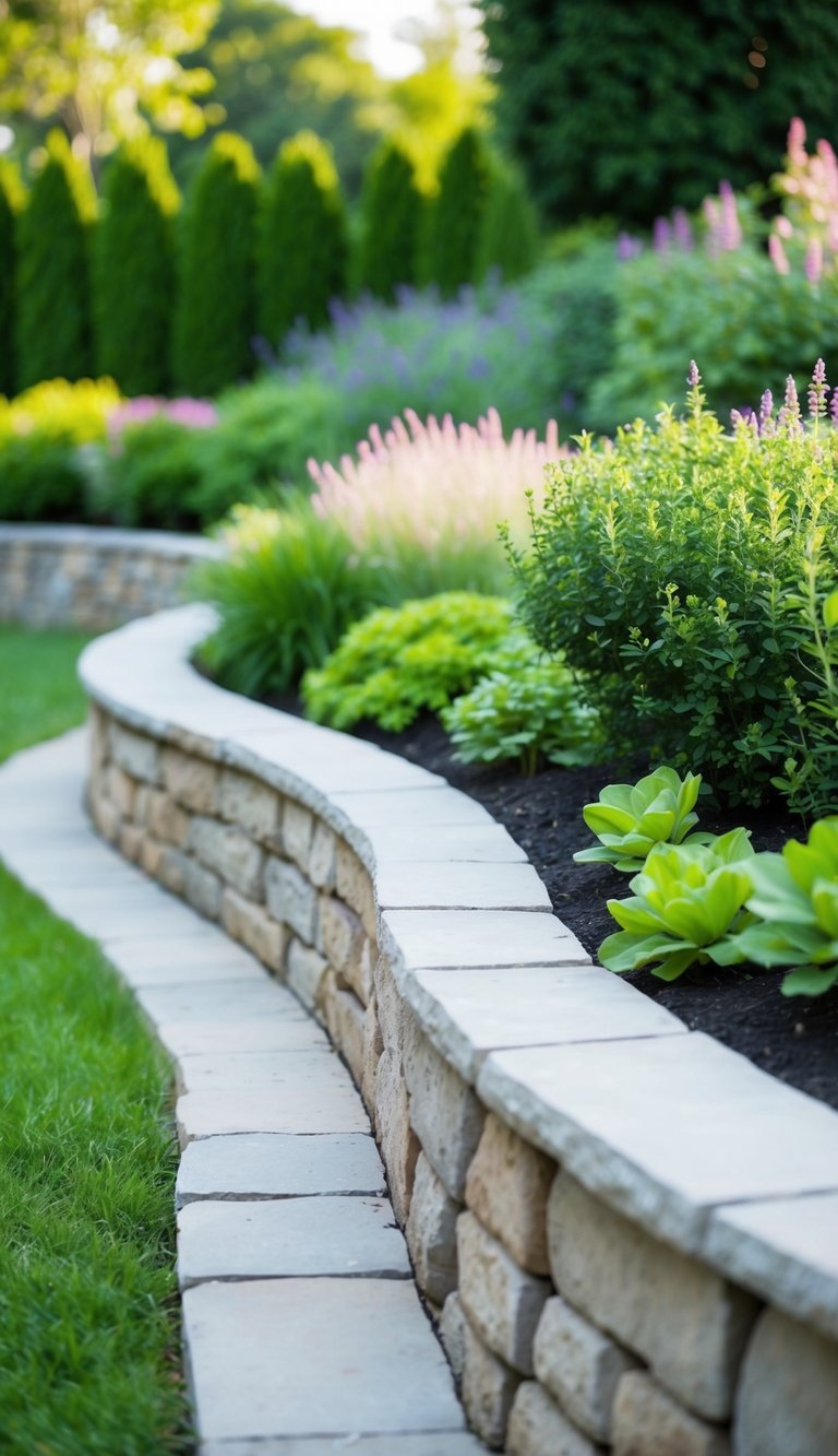 A natural stone retaining wall curves around a lush garden, blending seamlessly with the surrounding landscape