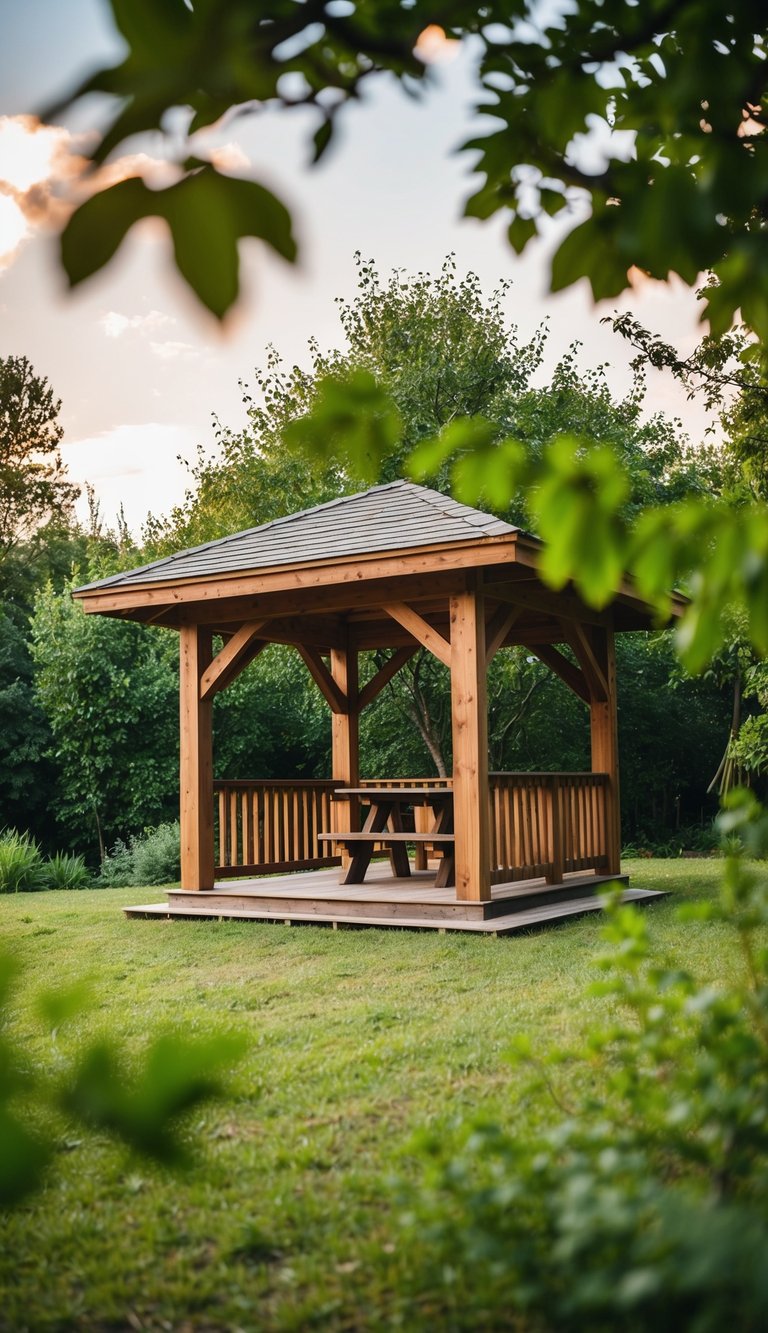 a rustic wood backyard pavilion nestled among nature.