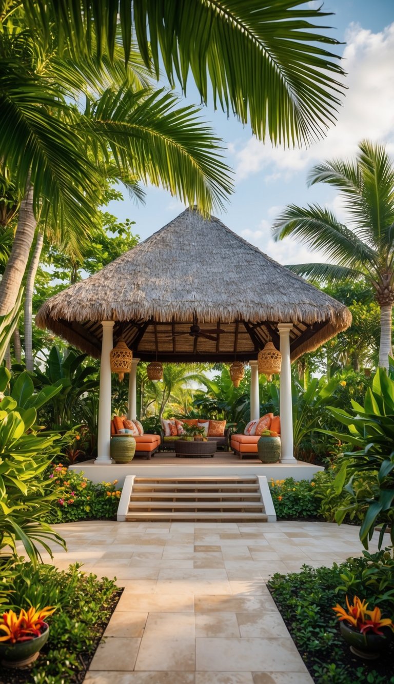 a tropical oasis pavilion surrounded by vibrant greenery and exotic decor.