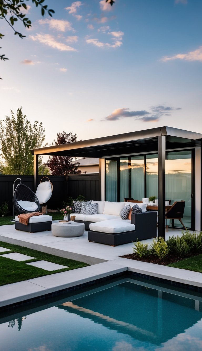 a contemporary chic backyard pavilion with modern furnishings and striking decor.