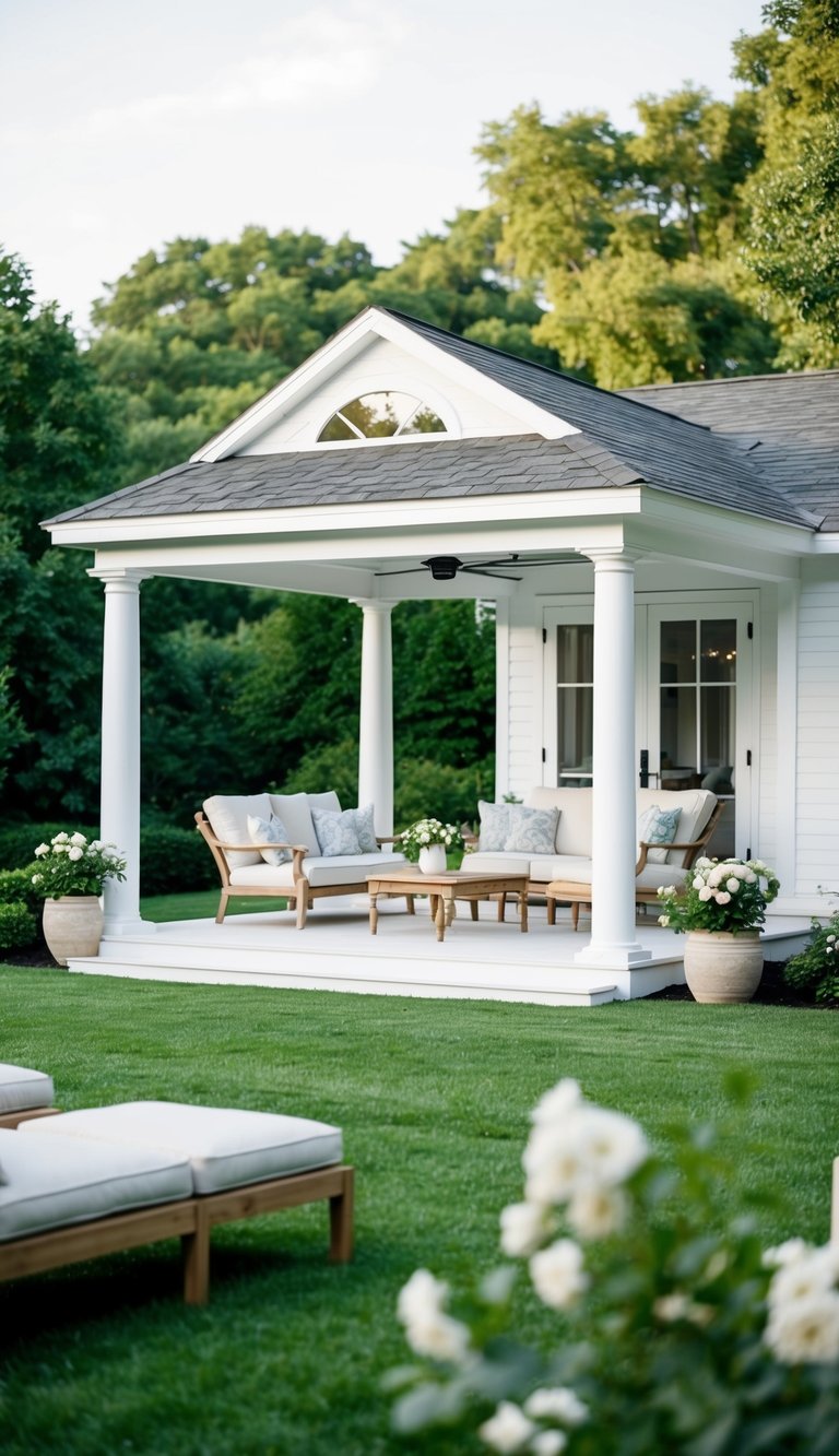 a classic white backyard pavilion with elegant simplicity and an open layout.