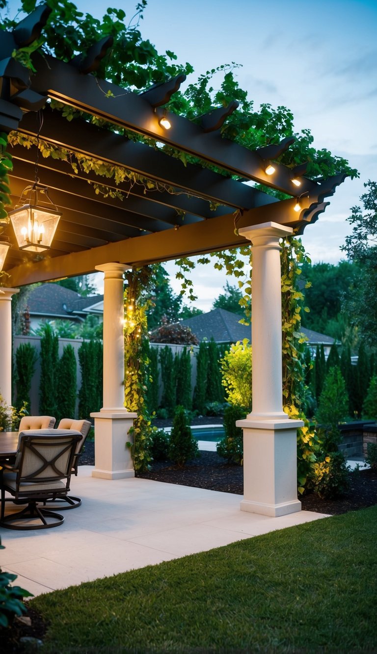 a backyard pavilion featuring a pergola adorned with lush vines and soft lighting.