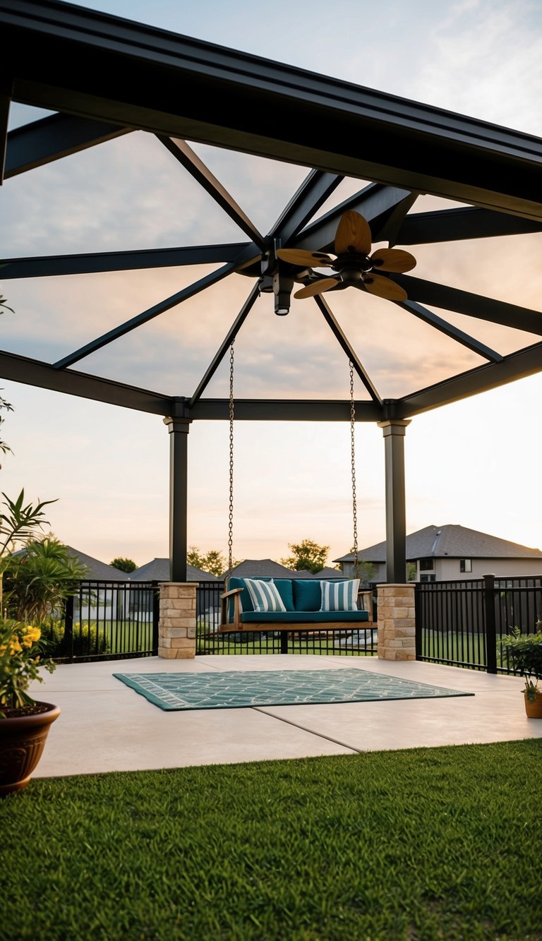 an open-air backyard pavilion featuring a hanging swing amidst a relaxed setting.