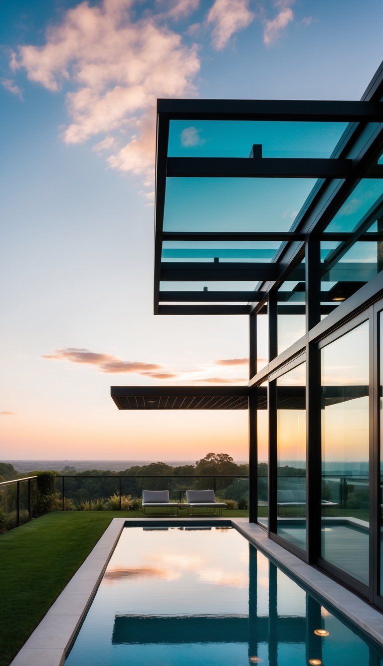 a glass-panel backyard pavilion showcasing a sleek design and expansive views.