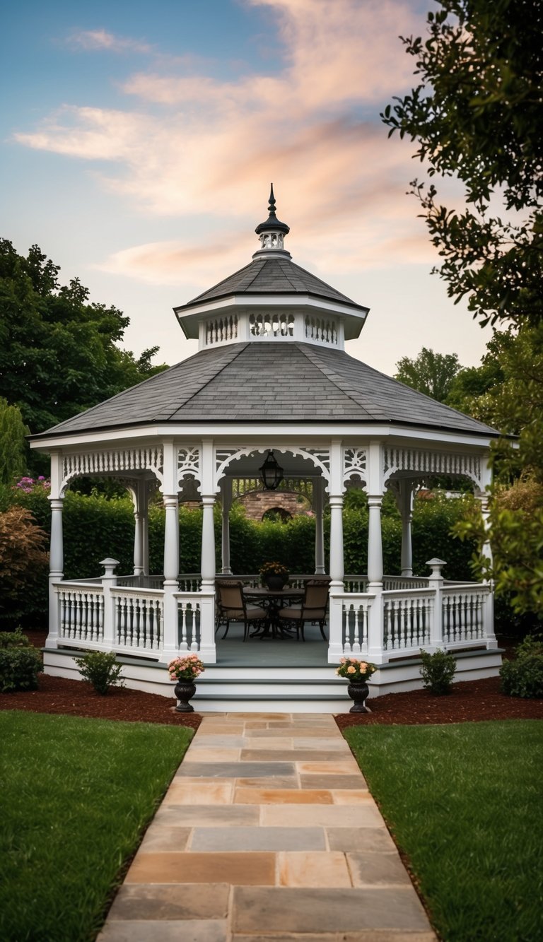 a Victorian-style backyard pavilion with elegant detailing and period accents.