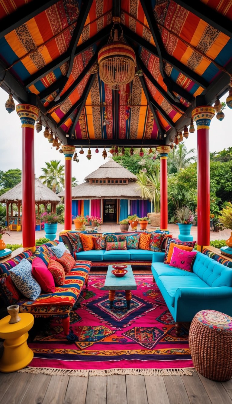 a bohemian-inspired backyard pavilion featuring colorful textiles and eclectic furnishings.