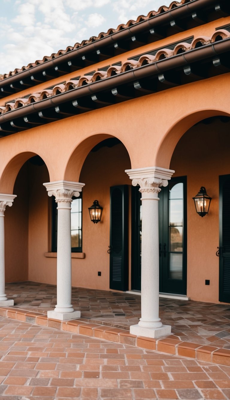 a Mediterranean-style backyard pavilion with terracotta tiles and arched design features.