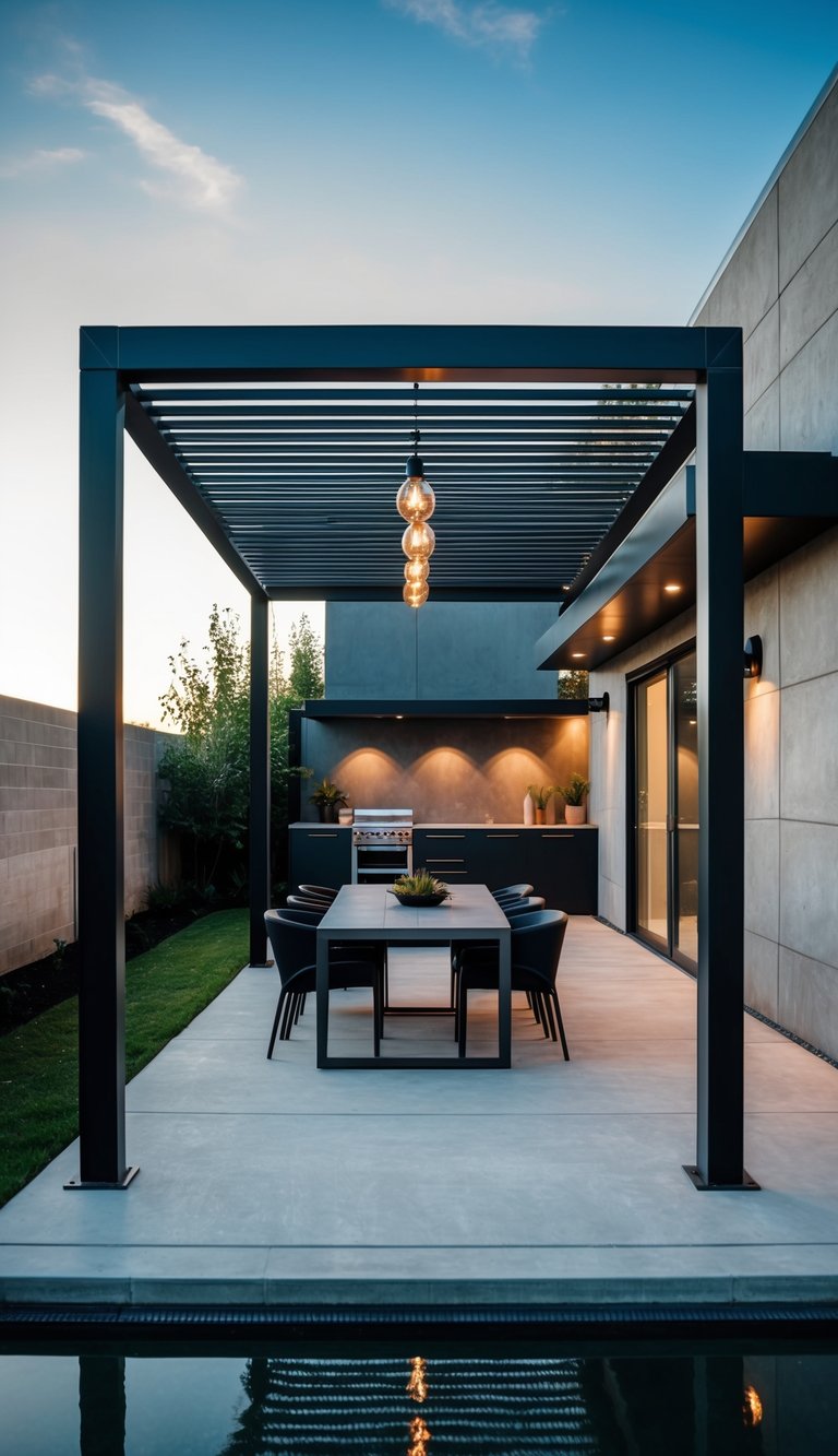 an industrial-modern backyard pavilion with exposed metal and concrete elements.