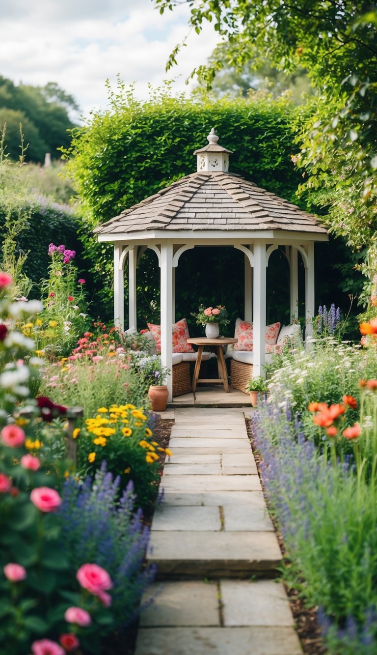 a cottage garden pavilion set amid blooming flowers and rustic charm.