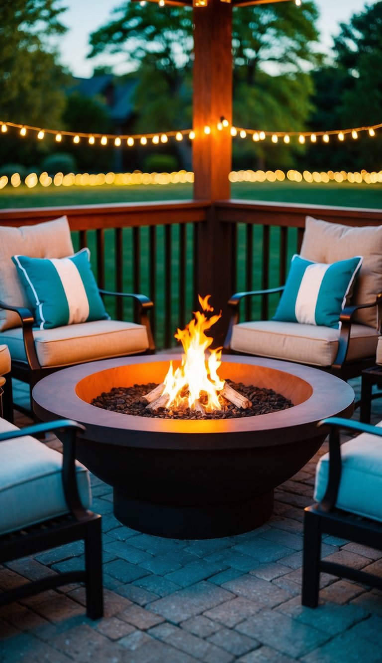 a fire pit pavilion featuring comfortable seating arranged around a glowing fire pit.