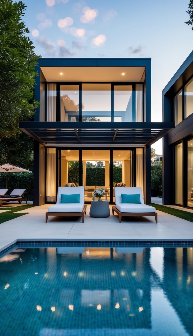 a poolside pavilion with modern design elements and inviting lounging areas.