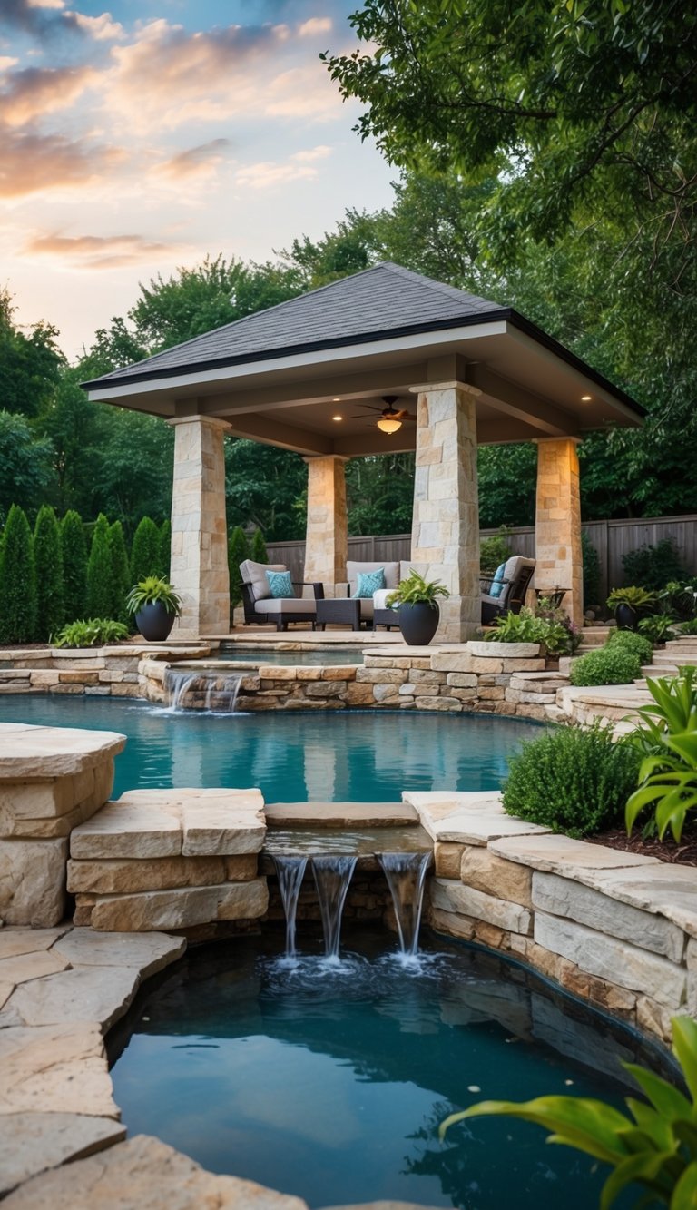 a zen-inspired backyard pavilion with natural stone, water features, and a tranquil design.