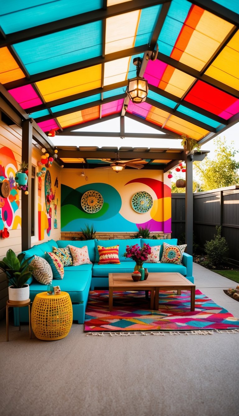 an artistic backyard pavilion featuring colorful murals and creative decor elements.