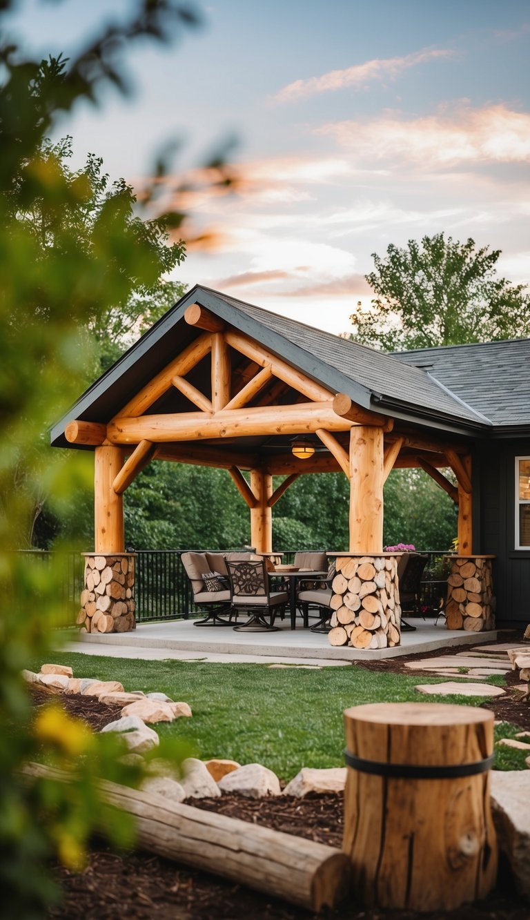 a rustic cabin-style backyard pavilion with log accents and natural textures.