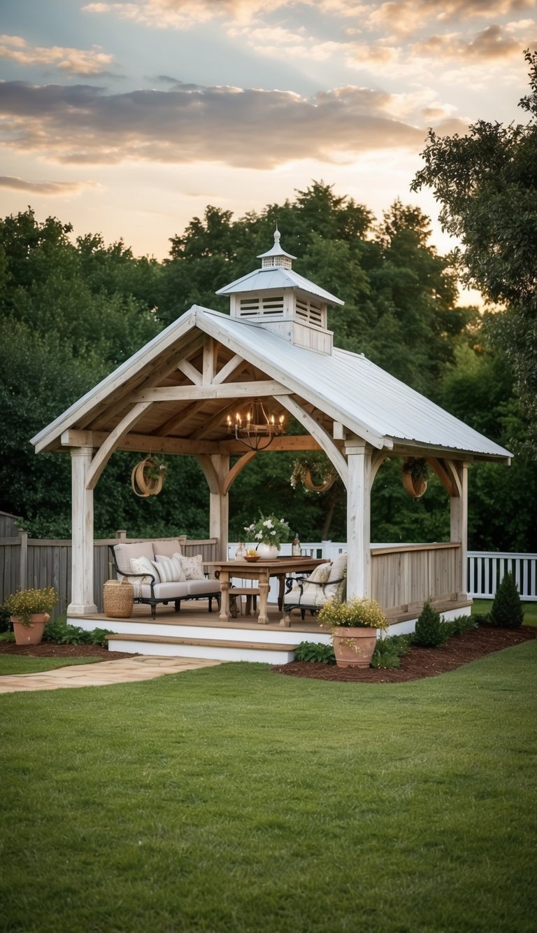 a farmhouse-style backyard pavilion with rustic finishes and vintage accents.