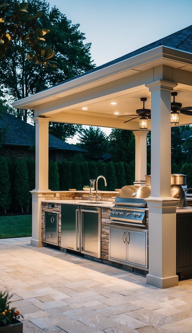 a luxury backyard pavilion featuring a fully equipped outdoor kitchen and sophisticated design.