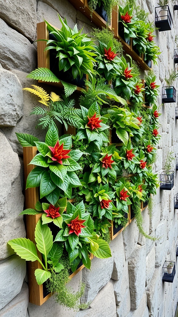 A vibrant vertical garden installation on a wall, featuring a variety of lush green plants and flowers.