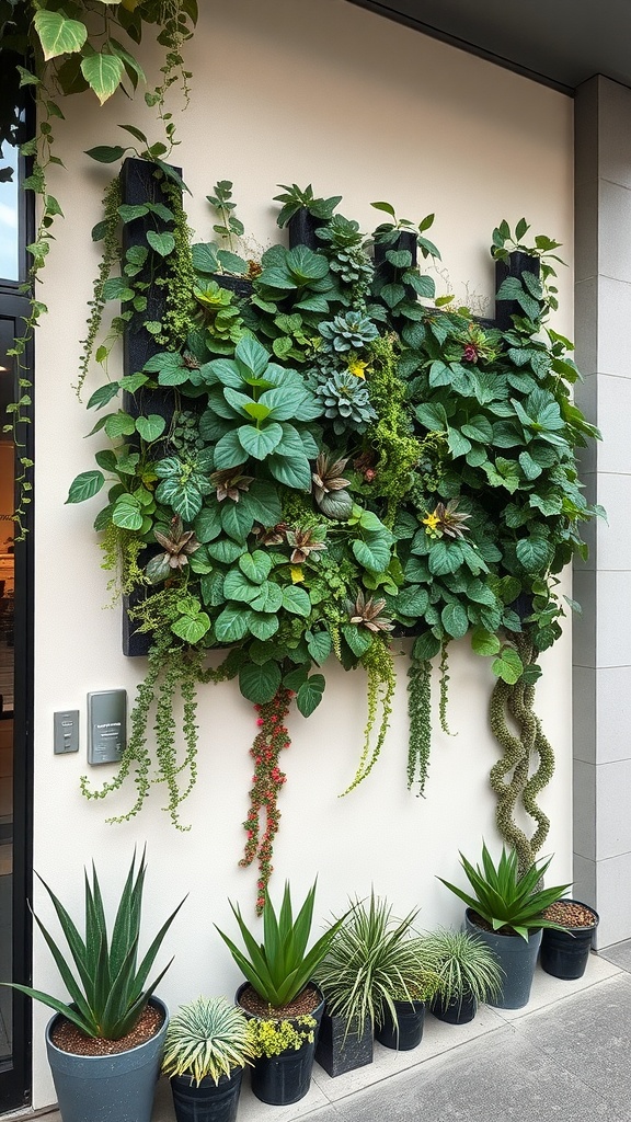 A vertical garden featuring various plants and flowers in pots, creating a lush green wall.