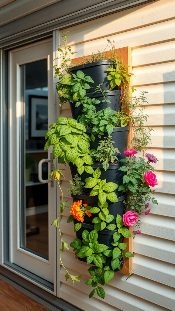 Vertical garden planter mounted on a wall, filled with various green plants and flowers.