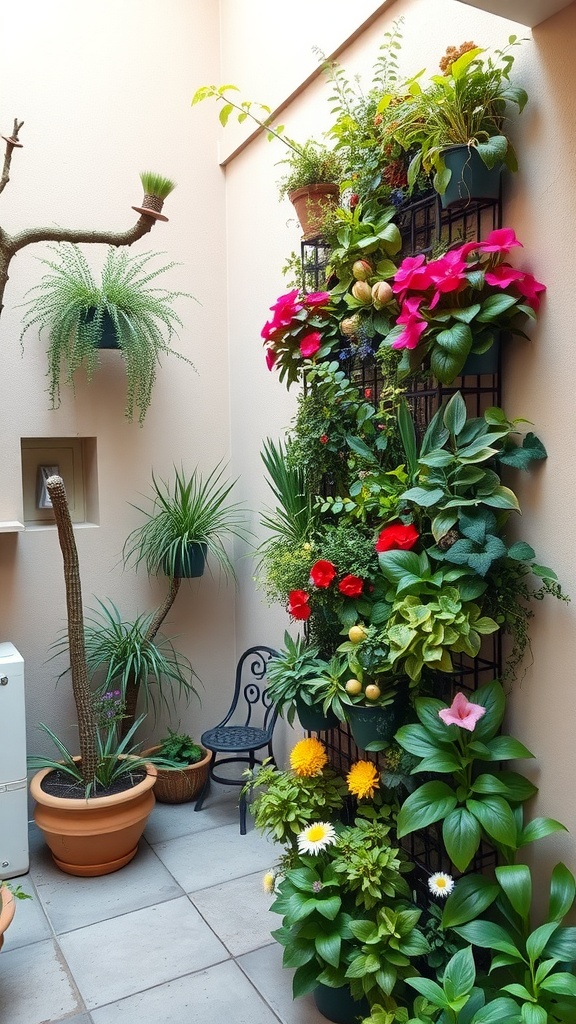 A vibrant vertical garden in a small courtyard with various colorful plants and flowers against a light wall.