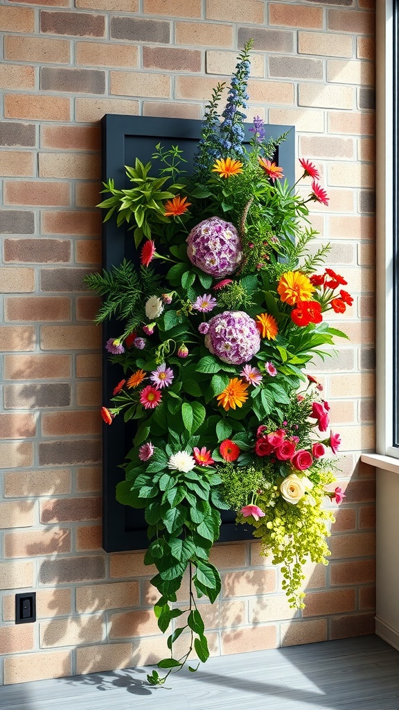 A vibrant vertical wall planter filled with various colorful flowers and lush greenery against a brick wall.