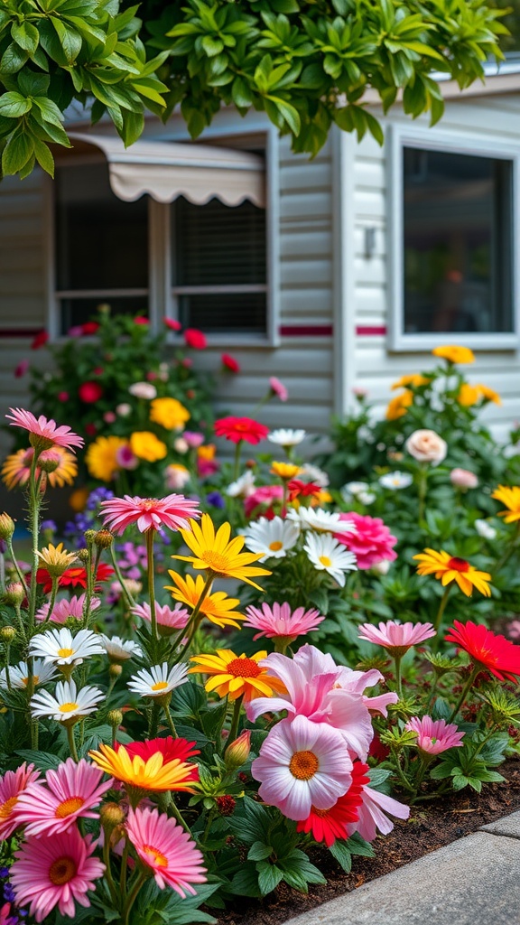 Colorful flower beds with red, pink, yellow, and white flowers in front of a mobile home.