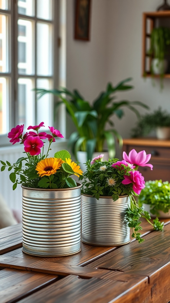 Two vintage tin can planters filled with colorful flowers on a wooden table