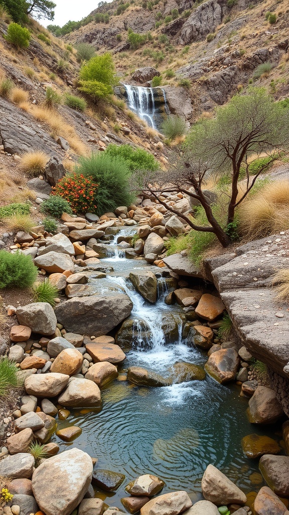 A picturesque view of waterfalls flowing into a tranquil pool surrounded by rocky hills and greenery.