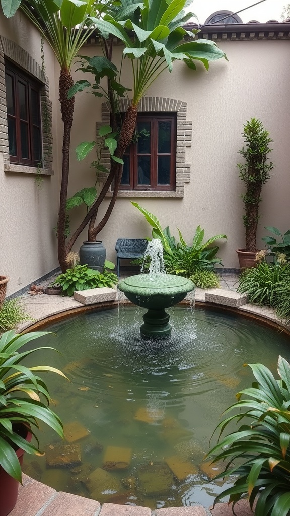 A serene courtyard featuring a fountain surrounded by greenery, showcasing a peaceful and inviting atmosphere.