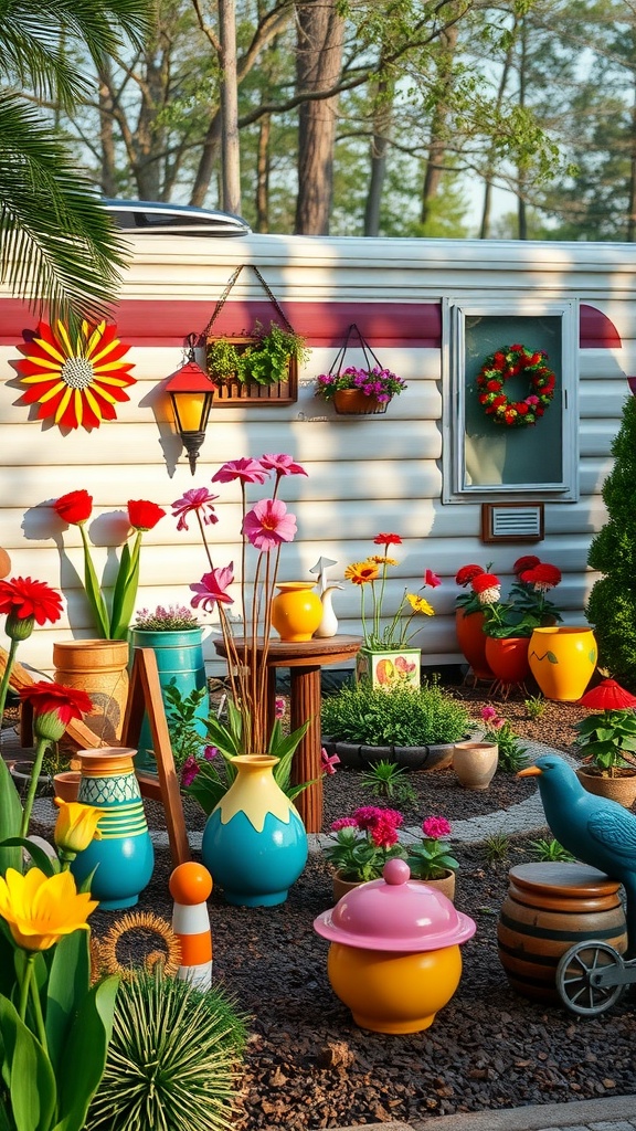 A colorful mobile home garden featuring vibrant flowers, decorative pots, and whimsical garden art.