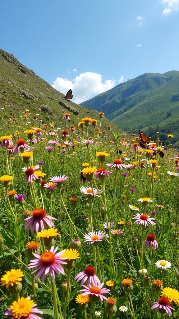 A colorful wildflower meadow on a steep hillside.