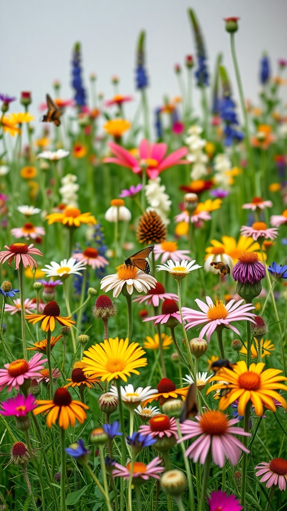 A vibrant wildflower meadow filled with colorful flowers and butterflies.