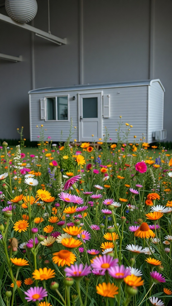 A mobile home surrounded by a colorful wildflower meadow featuring a variety of flowers in bloom.