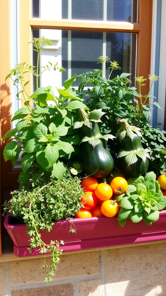 A lush window box filled with tomatoes, cucumbers, and various greens, all thriving in a bright space by the window.