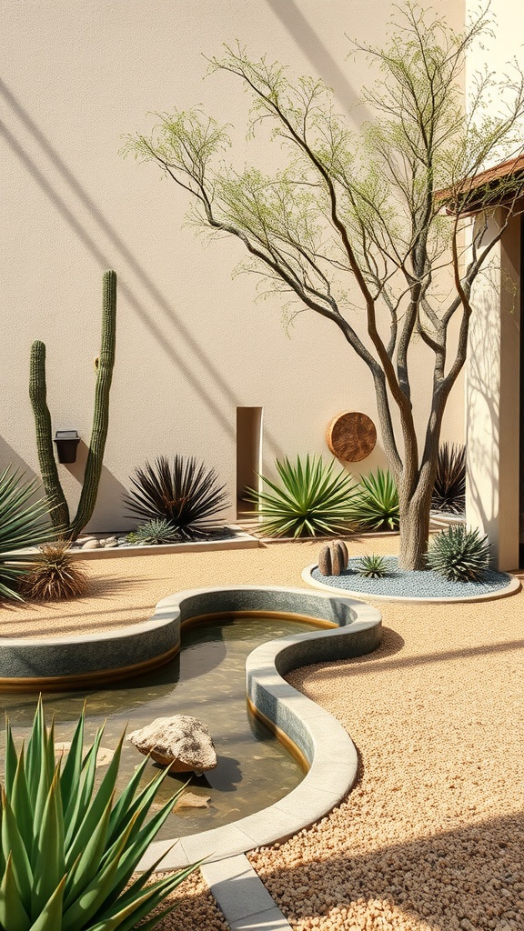 A xeriscaped garden featuring cacti, succulents, and a water feature, showcasing water conservation in landscaping.