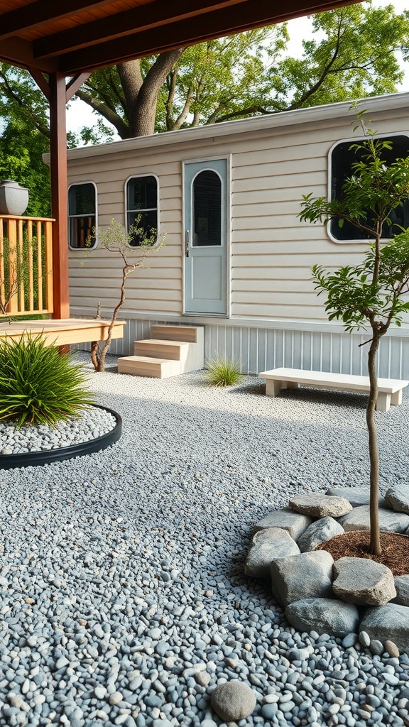 A tranquil Zen garden featuring smooth pebbles, minimal plants, and a cozy seating area next to a mobile home.