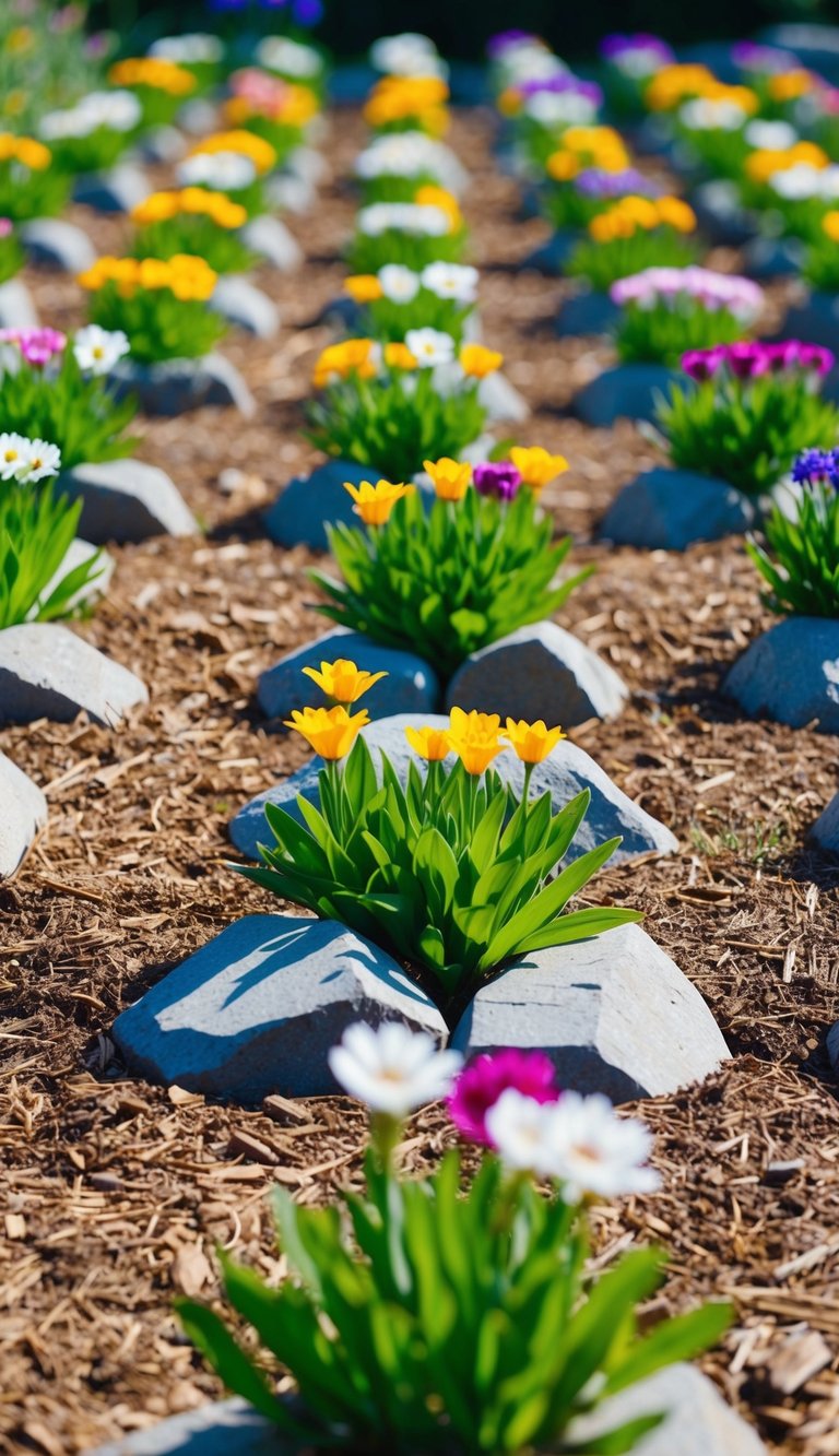 21 flower beds with rocks instead of mulch, arranged in a symmetrical pattern with colorful blooms peeking out among the rocks