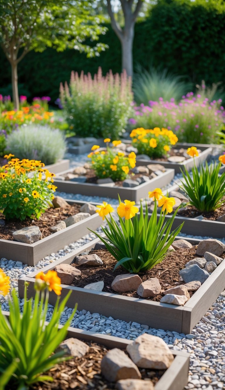 A garden with 21 flower beds filled with rocks instead of mulch, surrounded by heat-loving plants thriving in the warmth