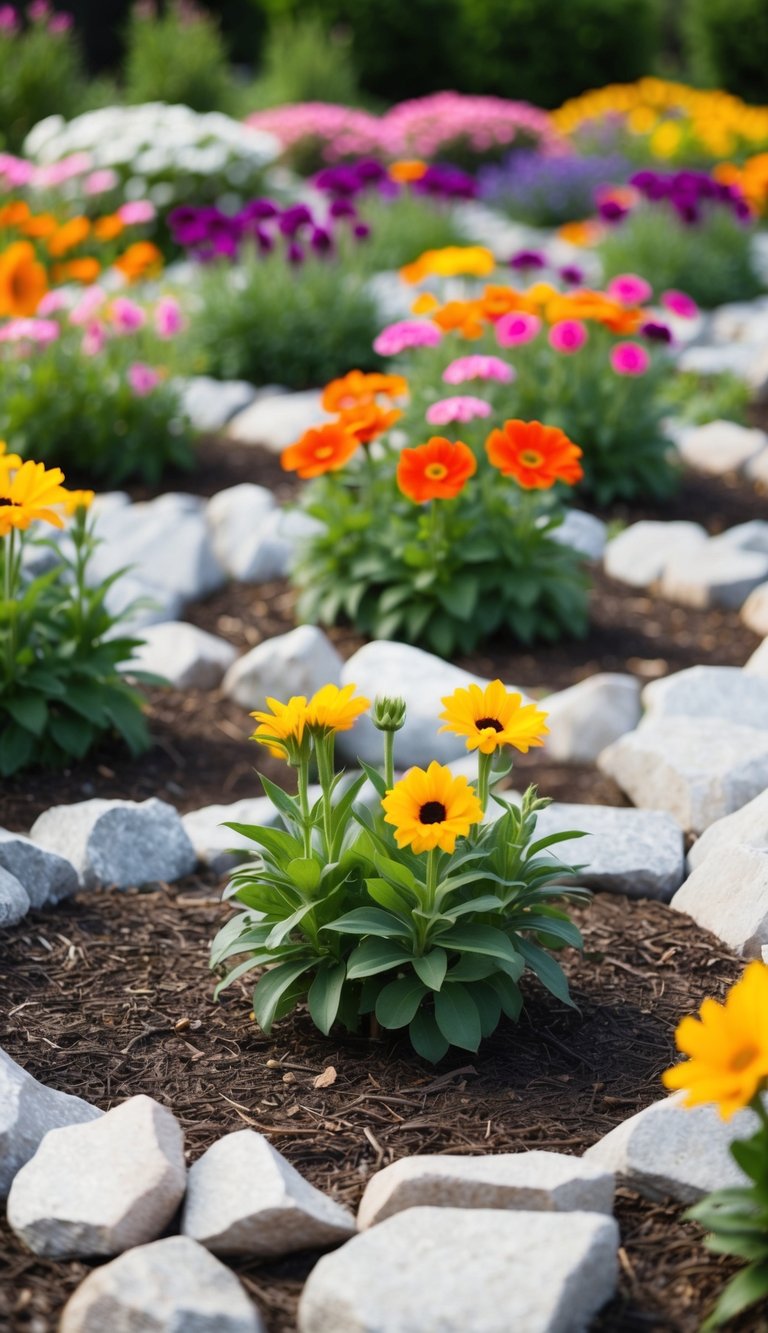 Vibrant flowers bloom in 21 beds, surrounded by rocks instead of mulch, creating a natural and appealing aesthetic