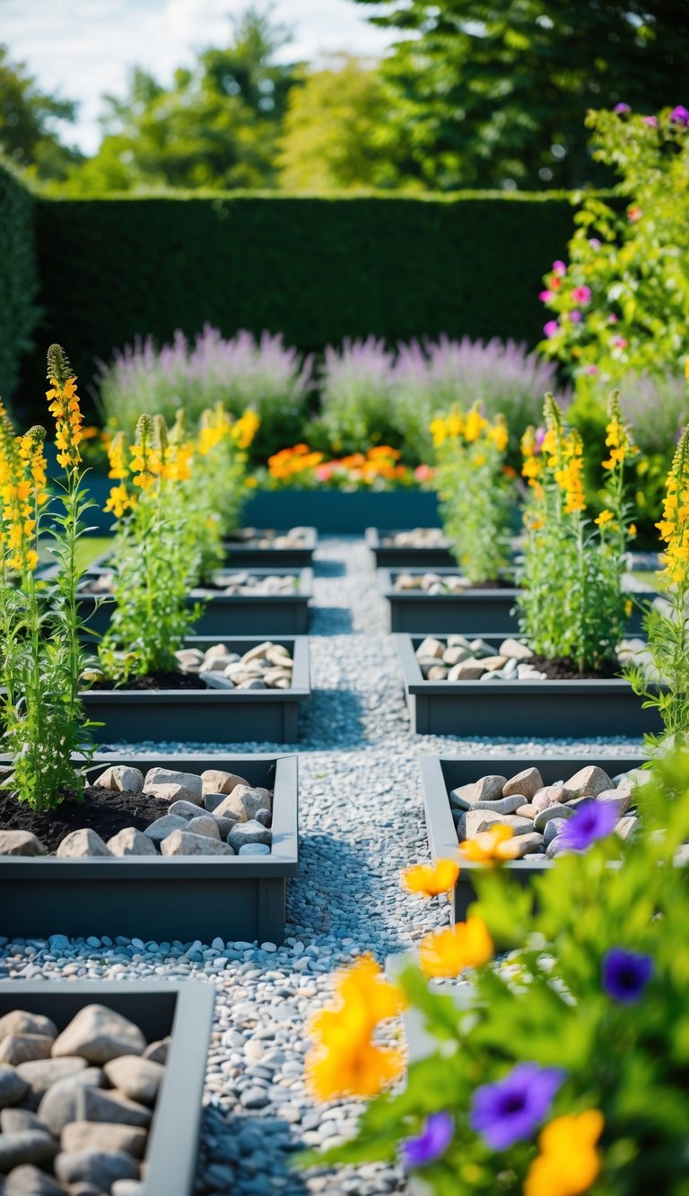 A garden with 21 flower beds filled with rocks for drainage control, surrounded by lush greenery and colorful flowers