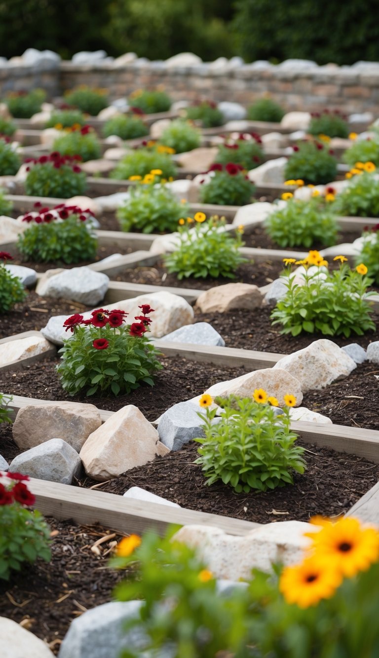 Twenty-one flower beds filled with rocks, no mulch