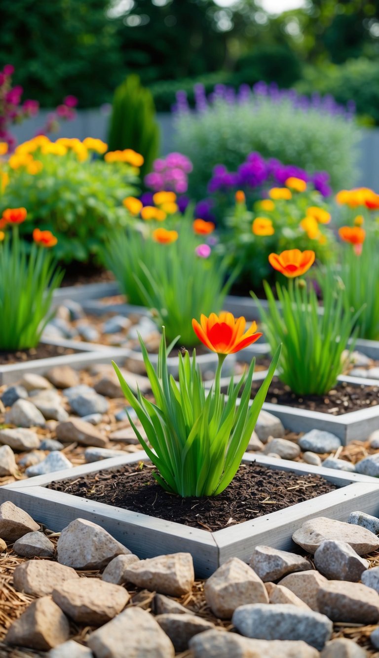 A garden with 21 flower beds filled with rocks instead of mulch, showcasing the cost-saving and longer lifespan benefits over time