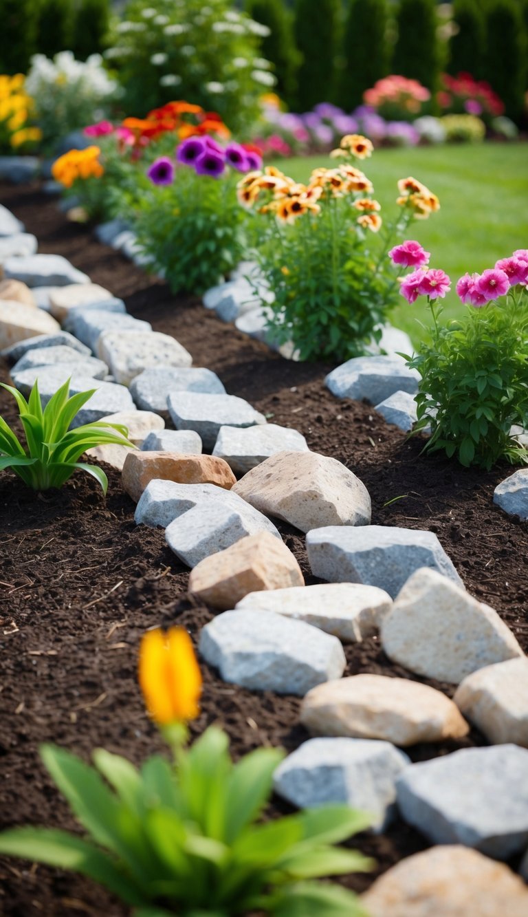 Twenty-one flower beds lined with rocks to reduce soil erosion, replacing traditional mulch