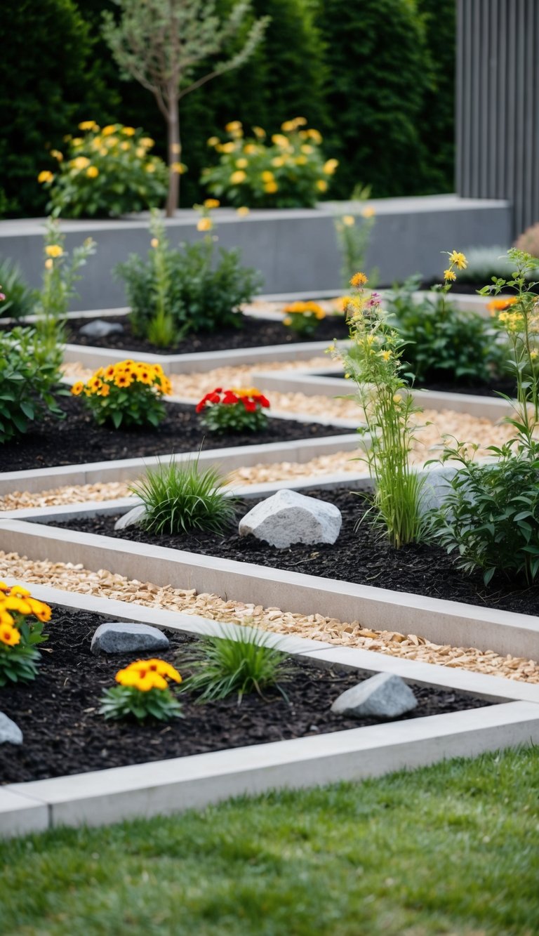 A modern garden with 21 flower beds featuring rocks instead of mulch