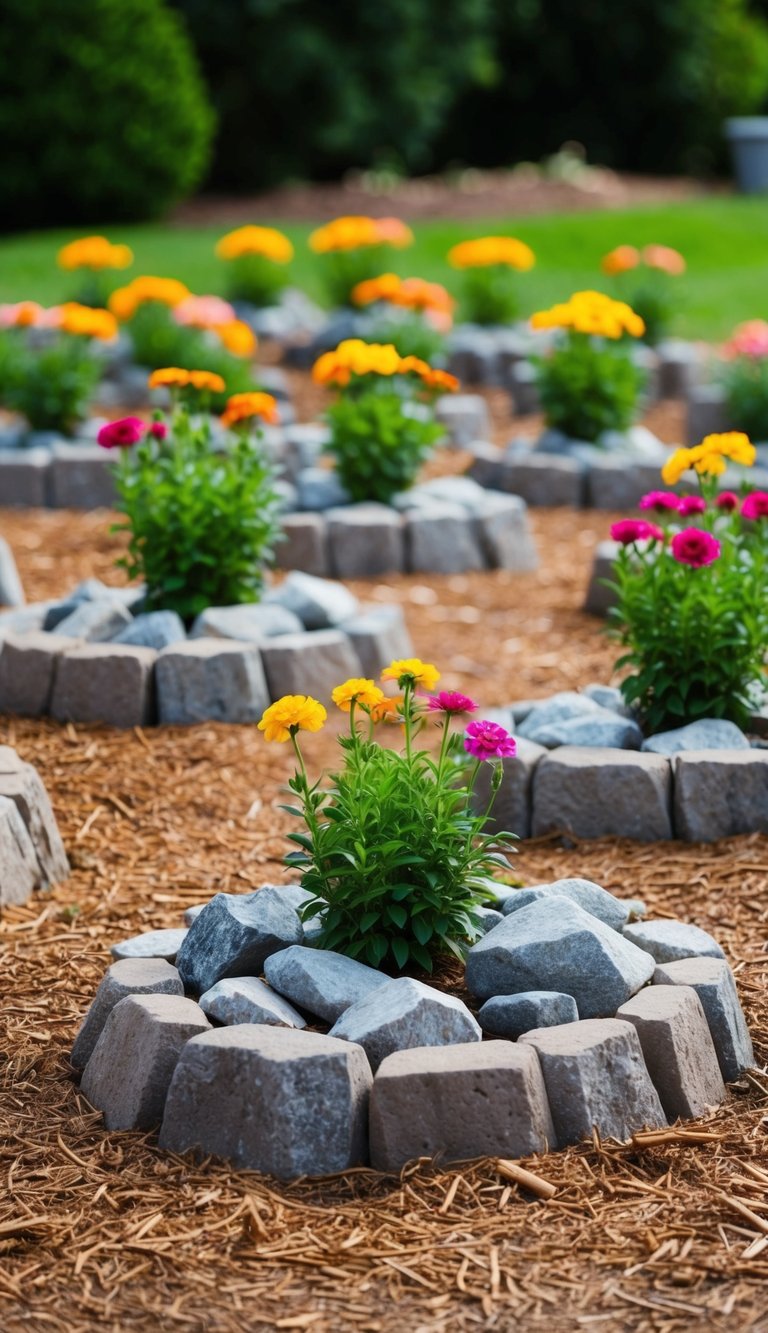 21 flower beds filled with rocks, no mulch