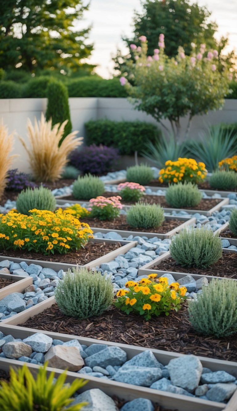 A garden with 21 flower beds filled with rocks instead of mulch, surrounded by fire-resistant plants and shrubs