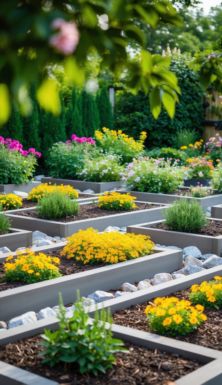 A garden with 21 flower beds filled with rocks instead of mulch, surrounded by lush greenery and colorful blooms