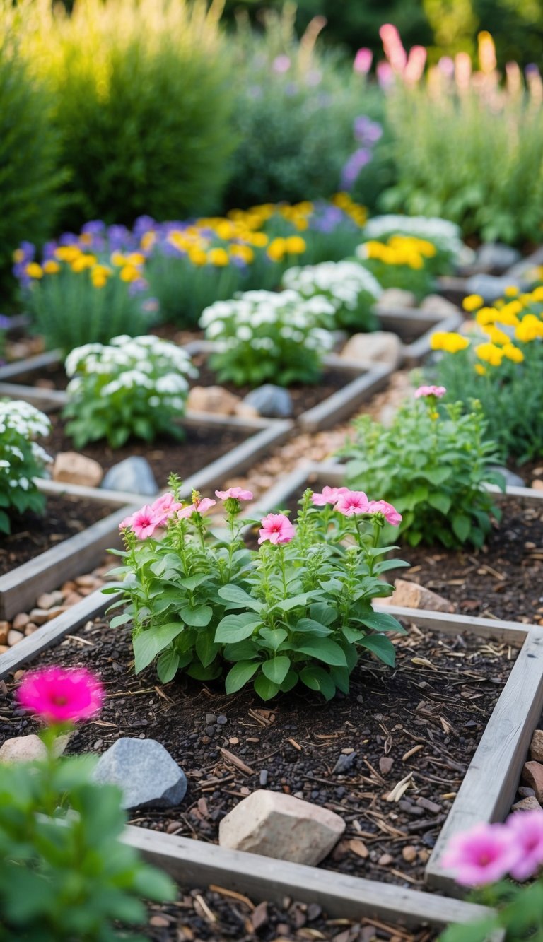 A garden with 21 flower beds filled with rocks instead of mulch, effectively preventing weed growth