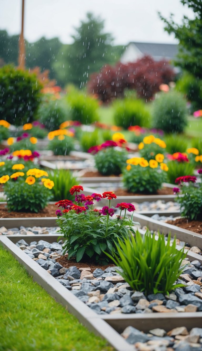 Twenty-one flower beds with rock ground cover, standing strong against heavy rain