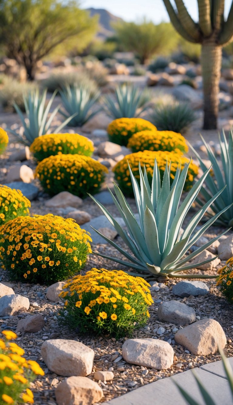 A desert landscape with 21 flower beds filled with rocks instead of mulch, blending seamlessly with the xeriscape design